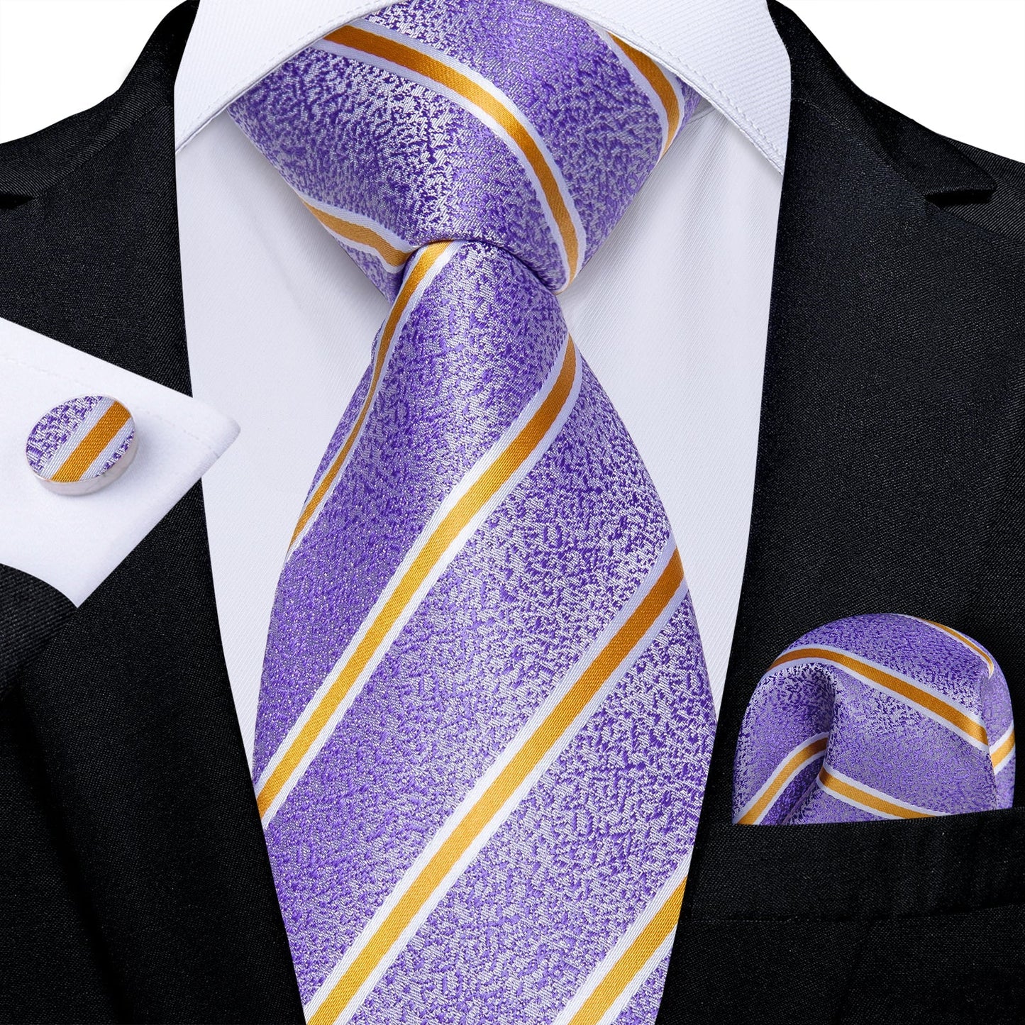 Luxury Yellow Lines In Purple Silk Tie Set