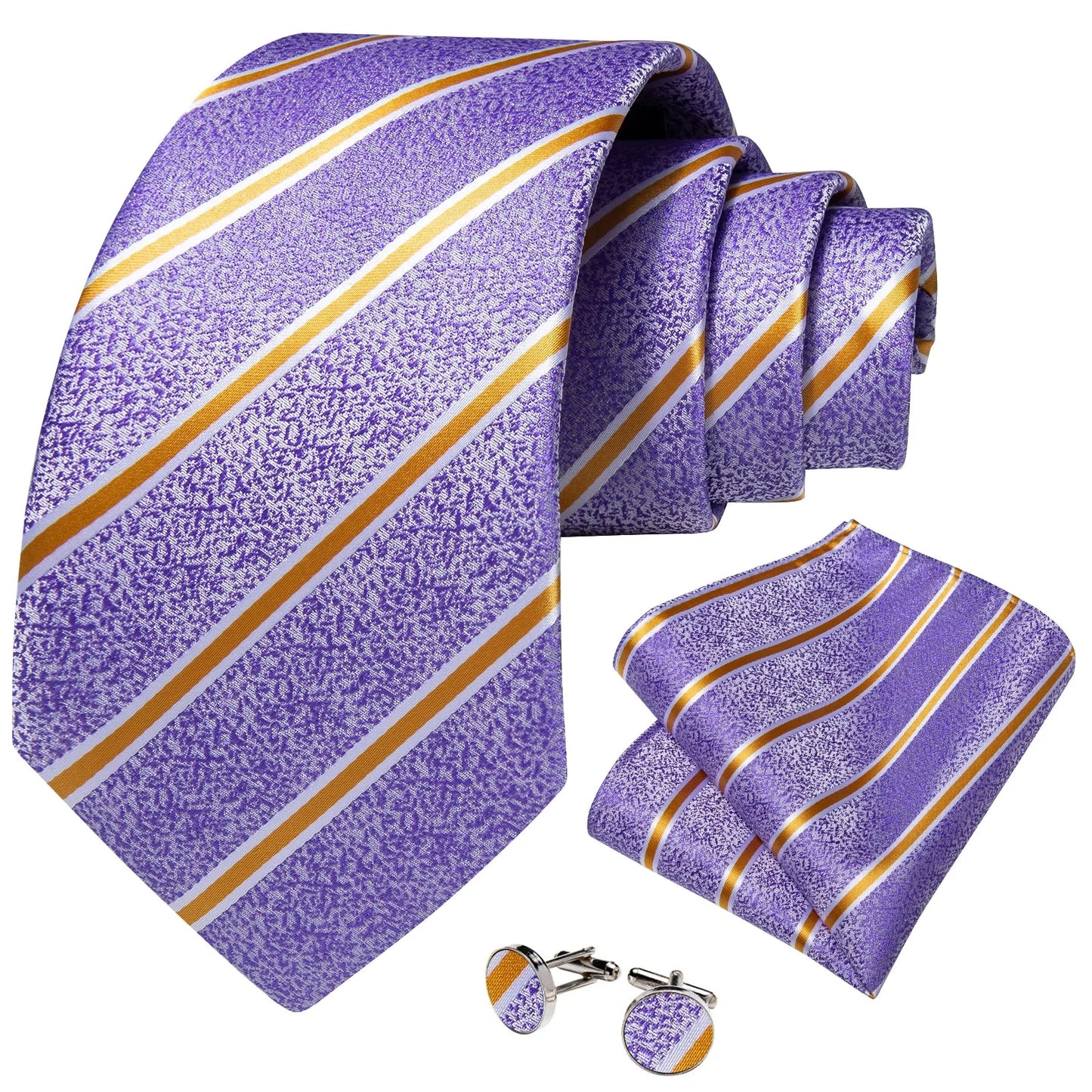 Luxury Yellow Lines In Purple Silk Tie Set