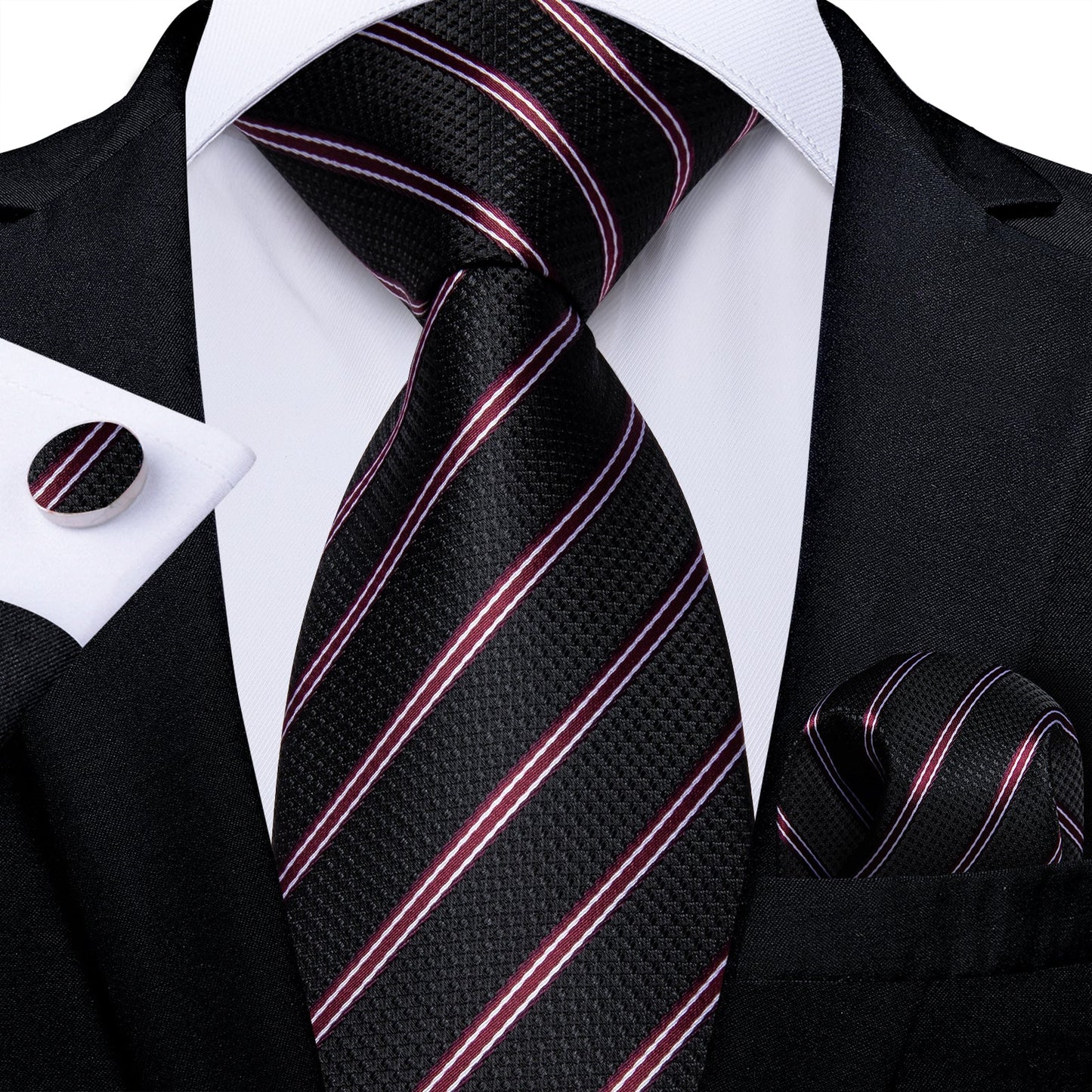 Luxury Red Lines In Black Silk Tie Set