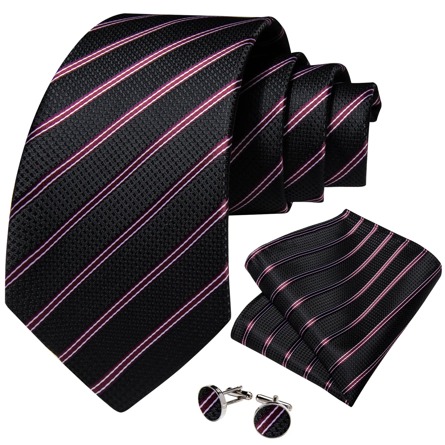 Luxury Red Lines In Black Silk Tie Set