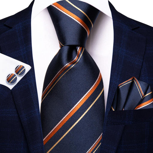 Orange Lines In Dark Blue Tie Set