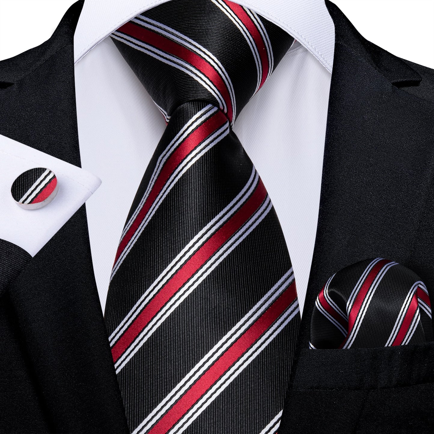 Red Lines In Black Silk Tie Set