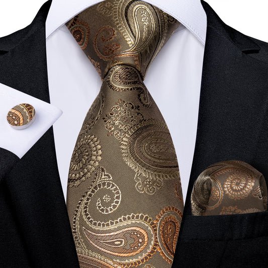 Premium Golden Brown Leaves Paisley Tie Set