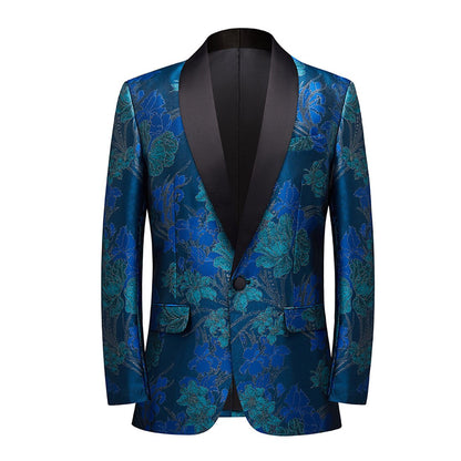 Green Floral In Blue Tuxedo Jacket