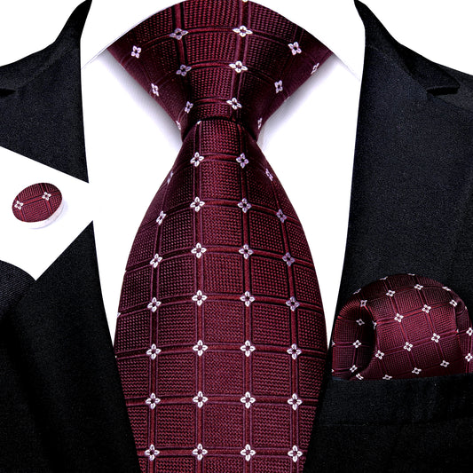 White Tiny Flowers In Burgundy Tie Set