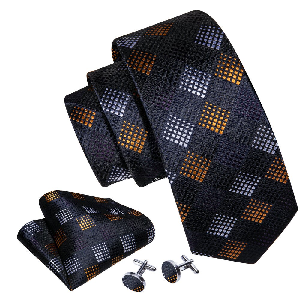 Yellow and Silver In Black Silk Tie Set