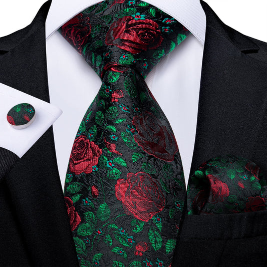 Red Rose with Green Leaves Tie Set