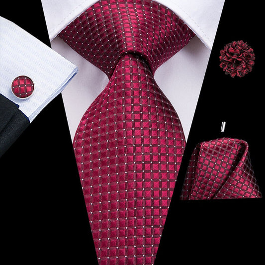 Burgundy Tiny Square Tie, Pocket Square, Cufflinks and Brooch