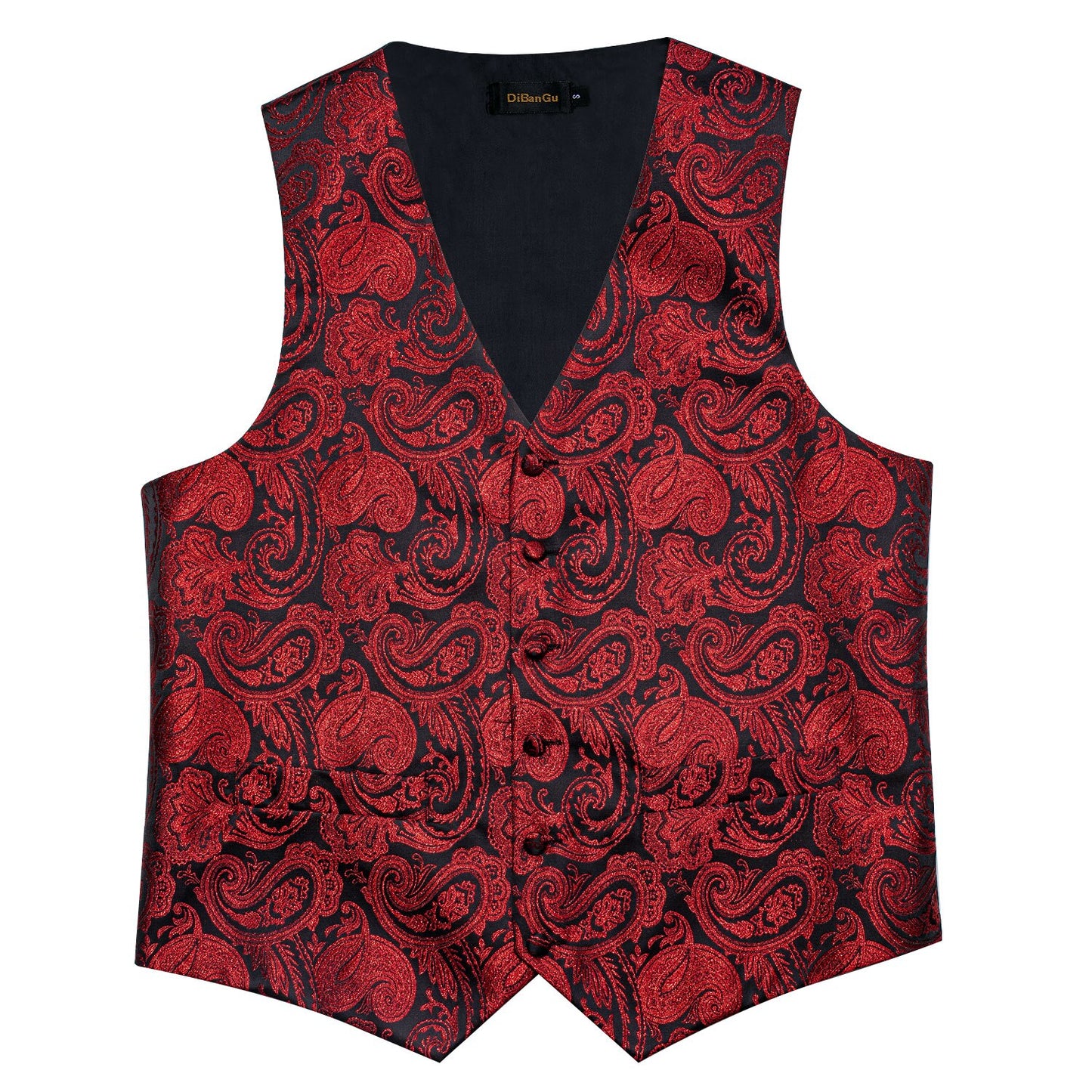 Red Floral In Black Silk Vest Set