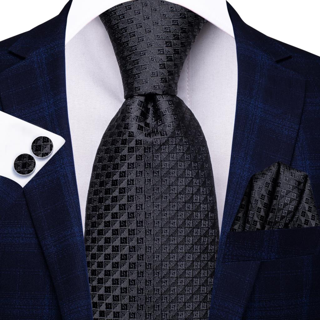 Black Squares Silk Tie,Pocket Square and Cufflinks