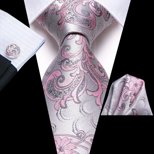 Pink Floral In Gray Tie Set