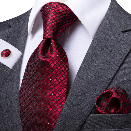 Wine Red with Diamonds XL Tie, Pocket Square, Cufflinks and Brooch