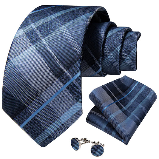 Blue Checkered with Baby Blue Lines Tie Set