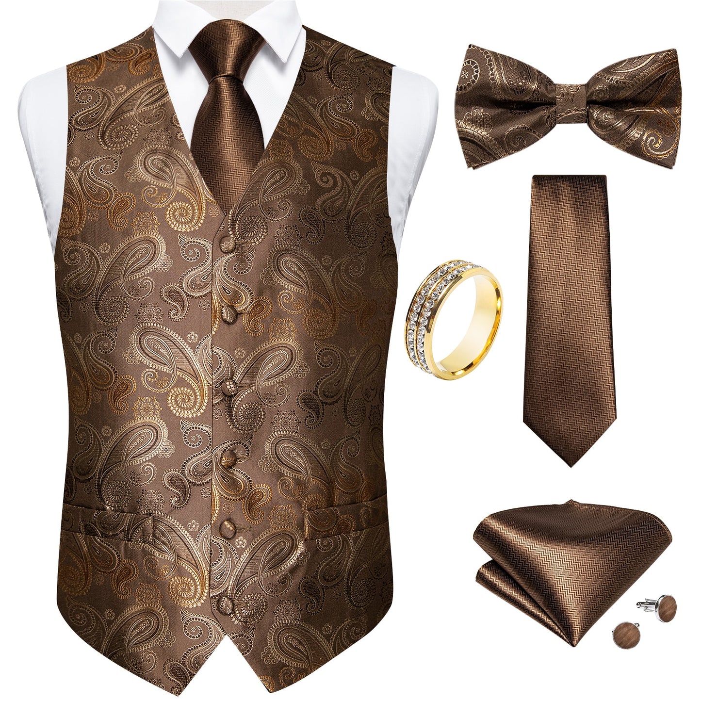 Brown Floral Paisley Vest Set with Tie Ring