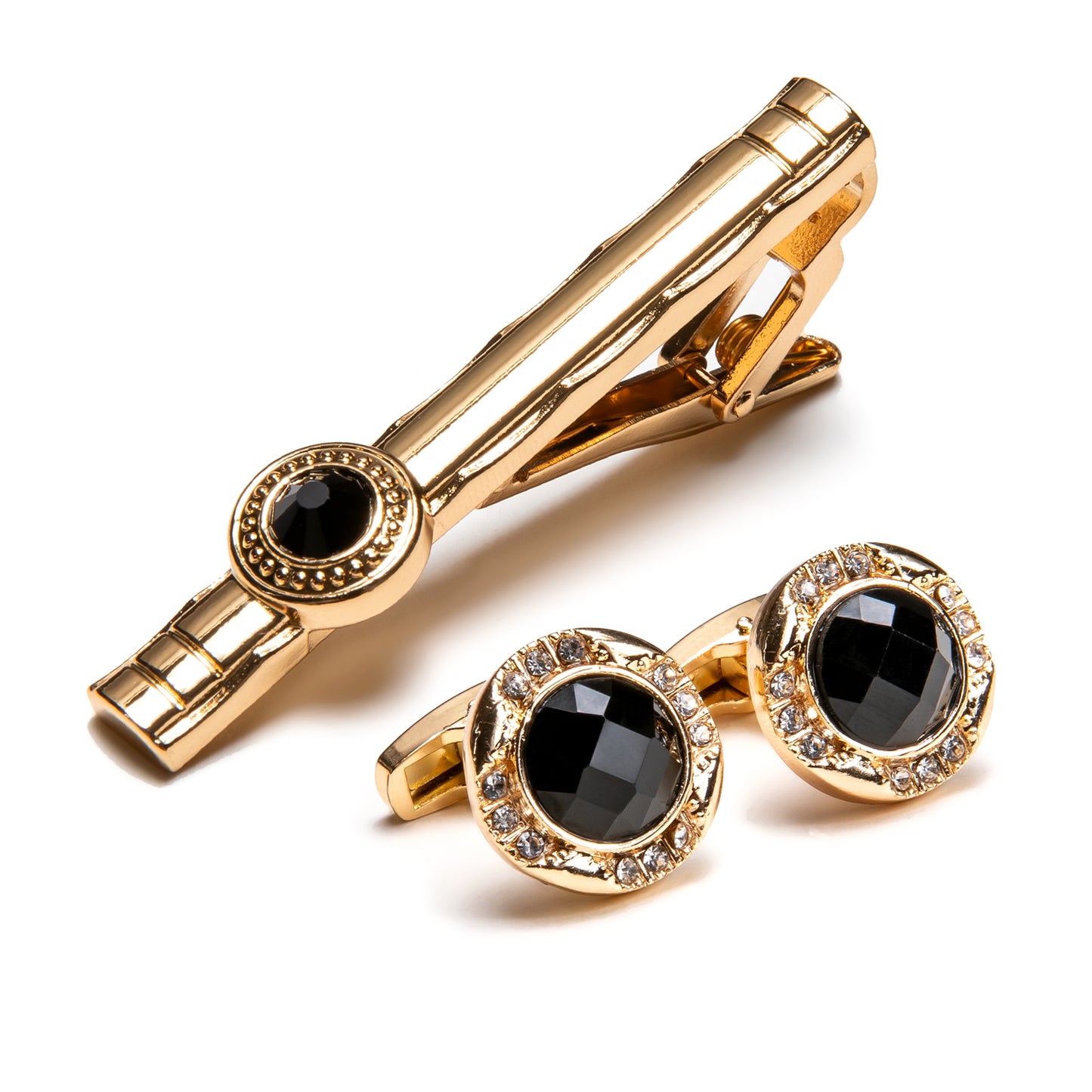 Gold Tie Clip with Black Stone Cufflinks