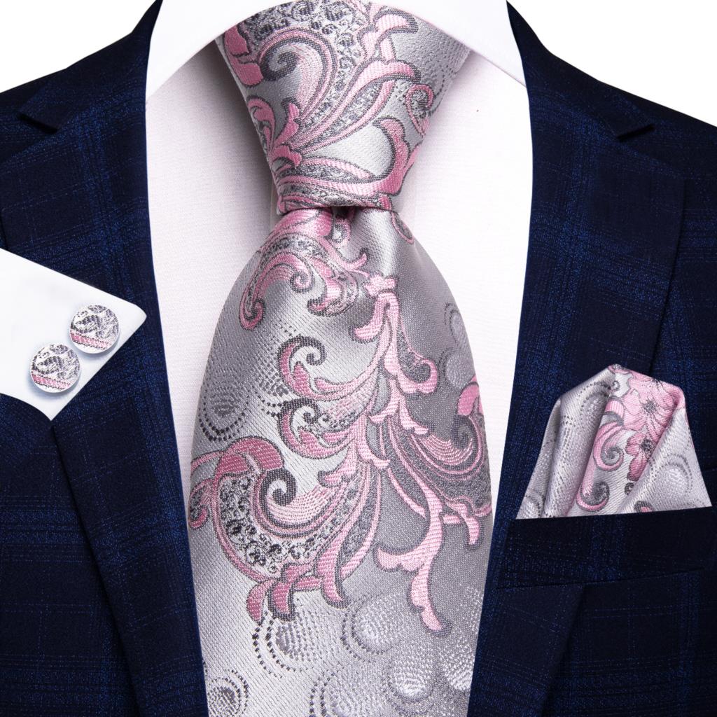 Pink Floral In Gray Tie Set