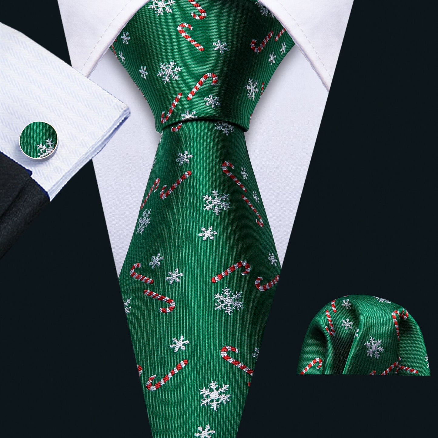 Candy Canes and Snowflakes In Green Tie Set