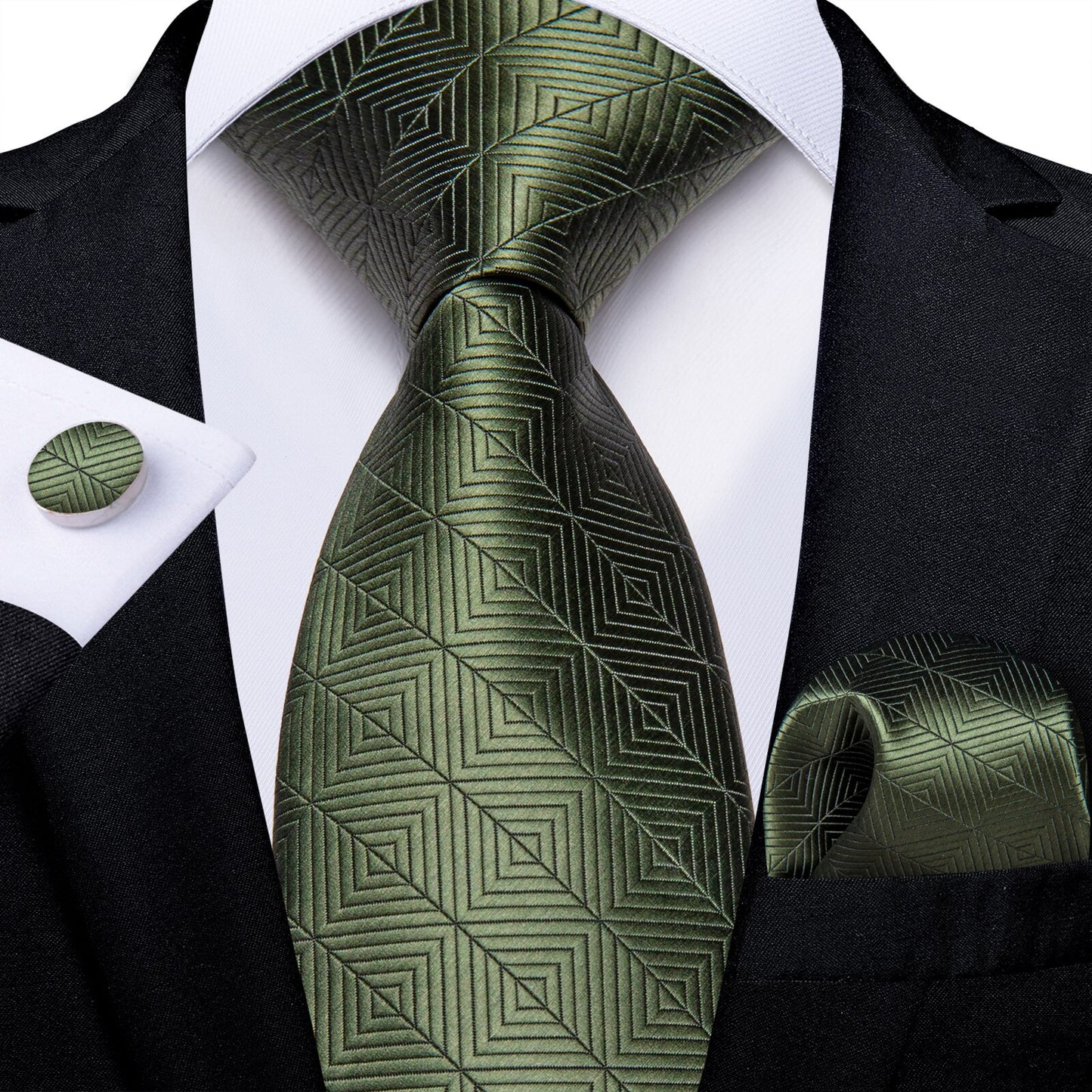 Shiny Olive Green Silk Tie Set