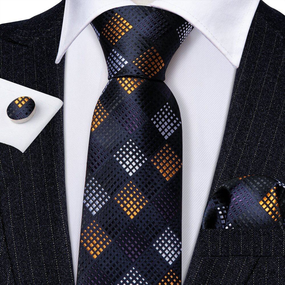 Yellow and Silver In Black Silk Tie Set