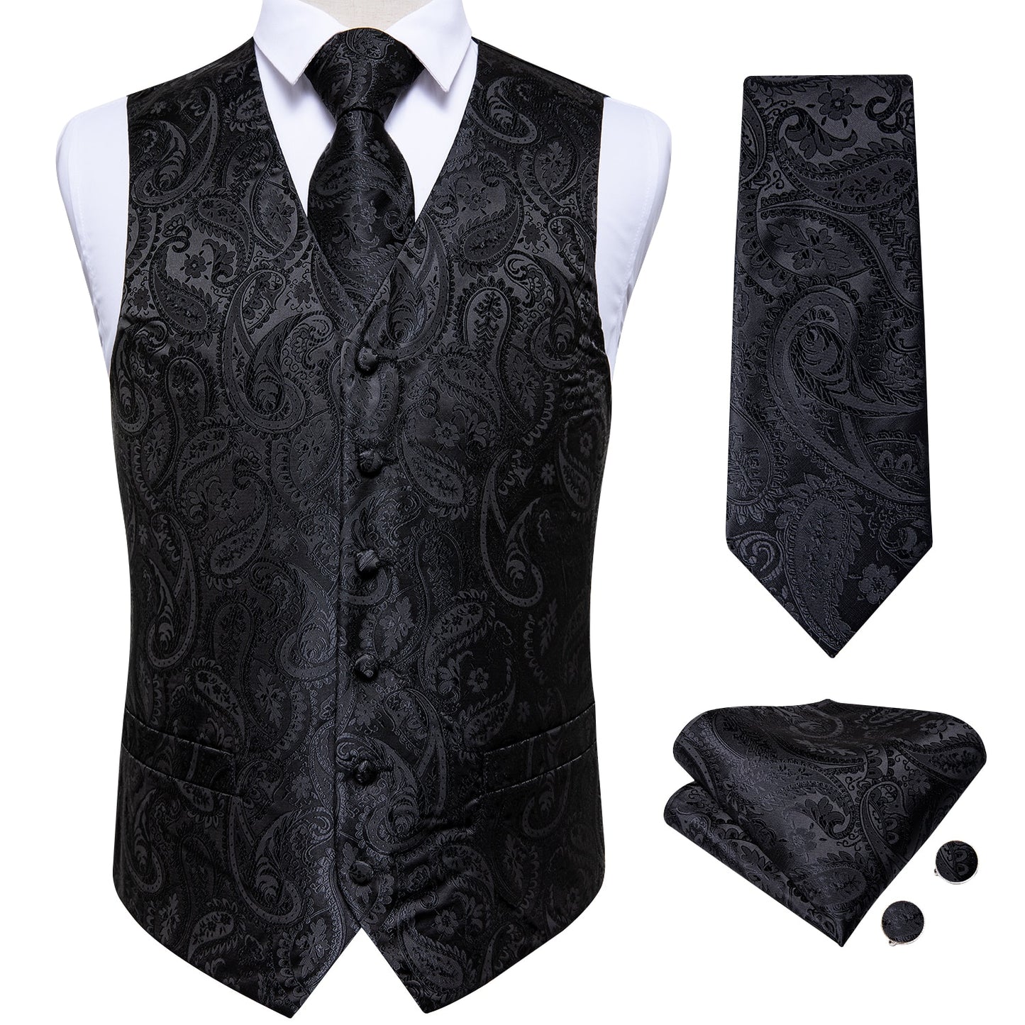 Black Paisley Vest Set with Tie Ring