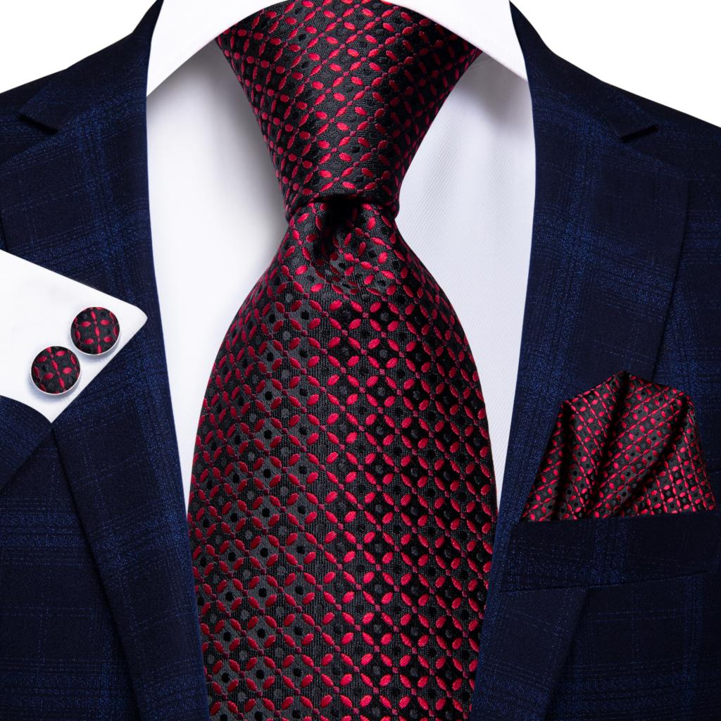 Red and Black Tiny Square Tie, Pocket Square, Cufflinks and Brooch