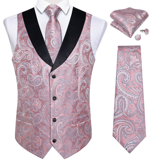 White Leaves In Pink with Collar Black Vest Set