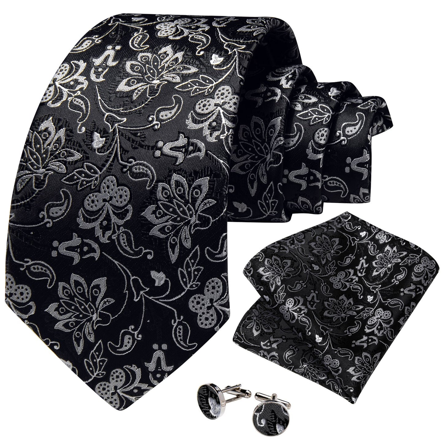 White Flowers In Black Silk Tie Set