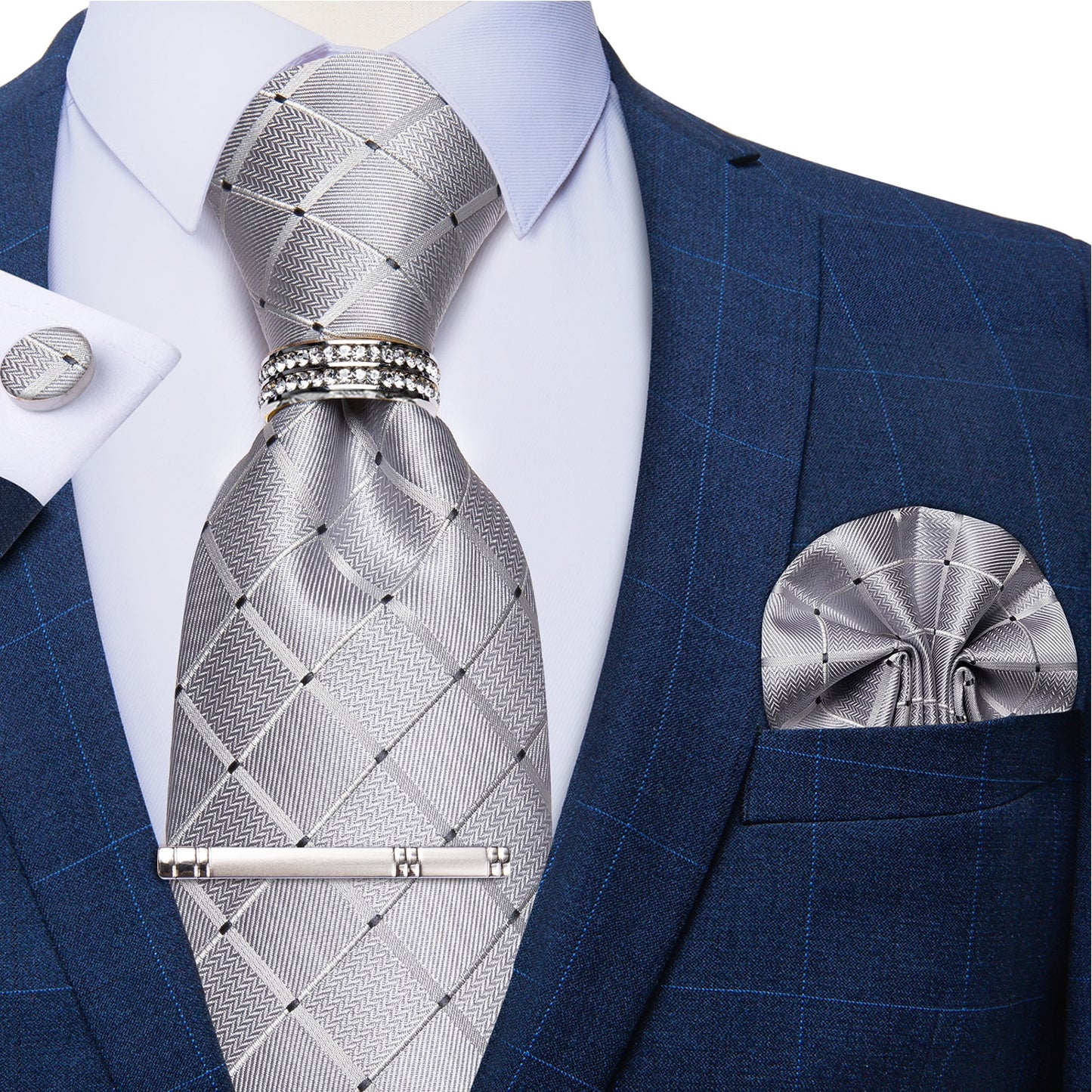 Silver Square Tie Ring, Tie Clip, Pocket Square and Cufflinks