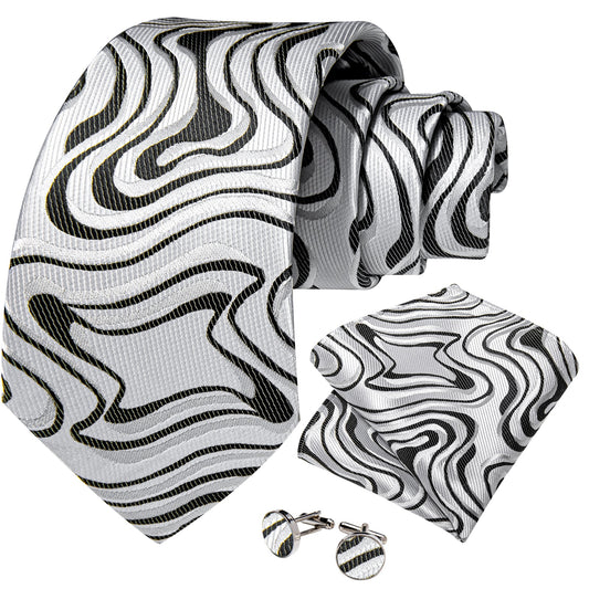 Black and Silver In White Waves Silk Tie Set