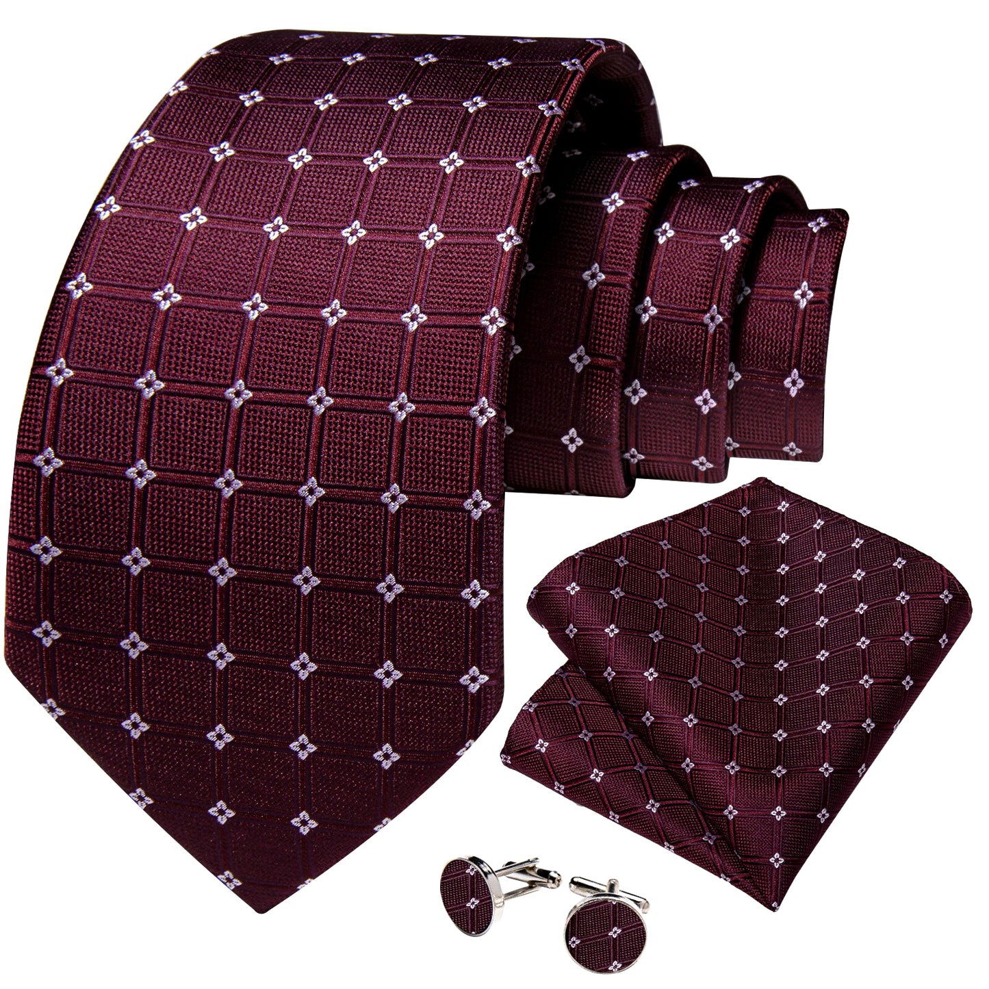 White Tiny Flowers In Burgundy Tie Set