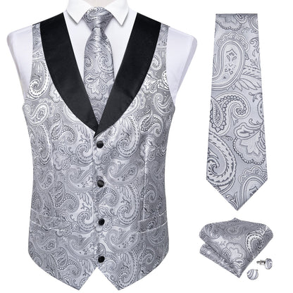 Silver Floral with Collar Black Vest Set