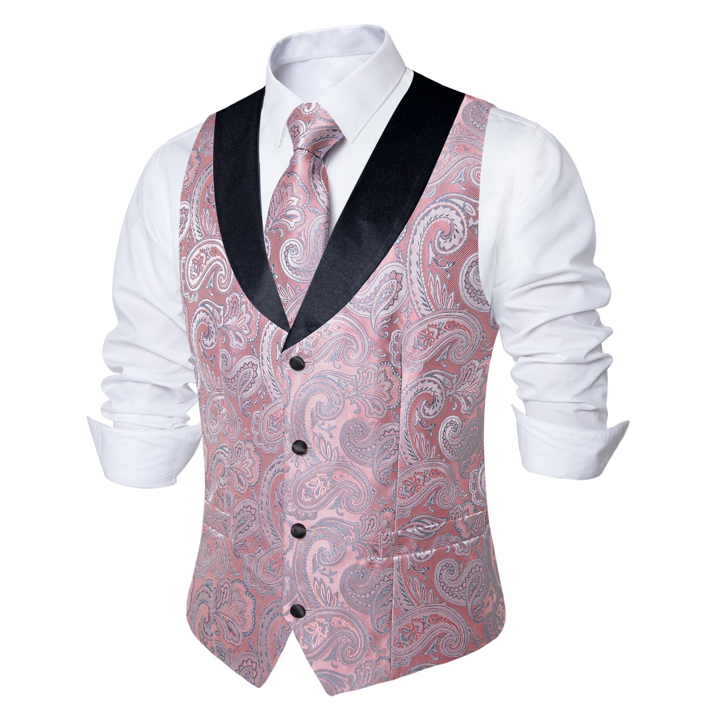 White Leaves In Pink with Collar Black Vest Set