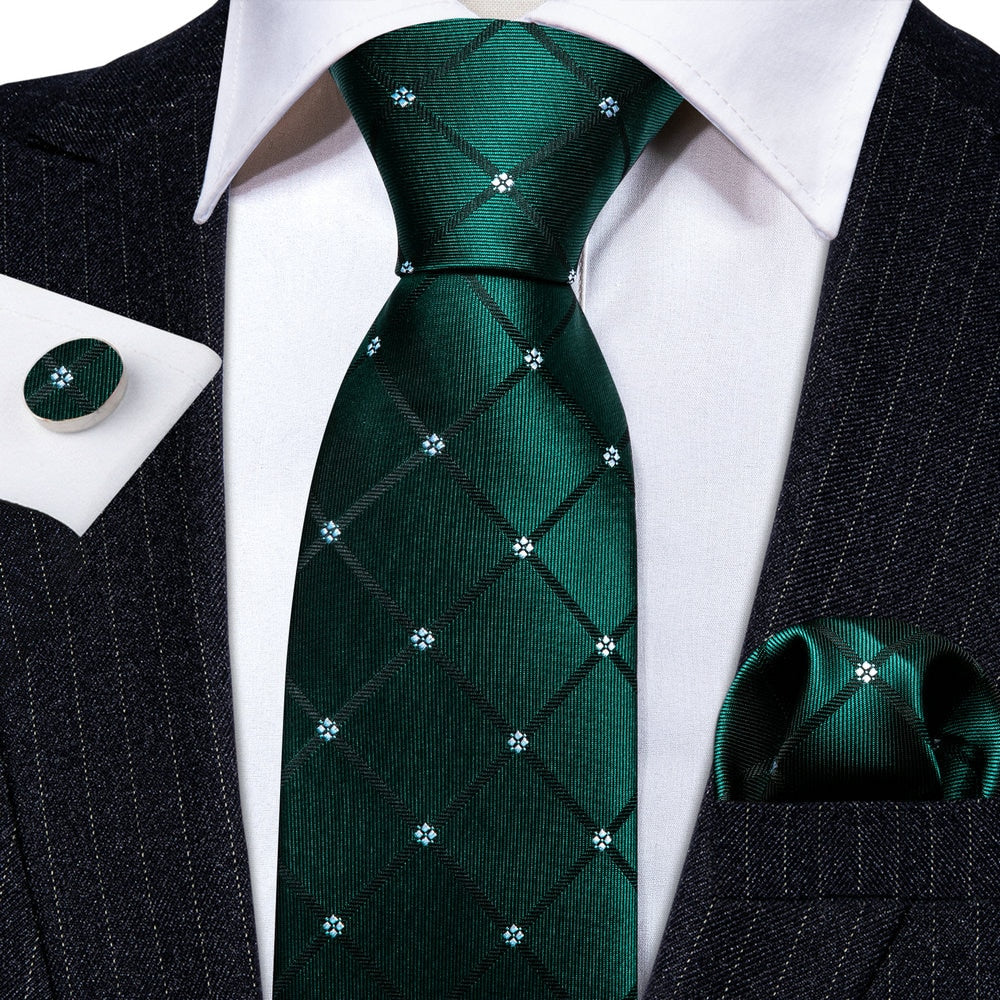 White Diamonds In Green Silk Tie Set