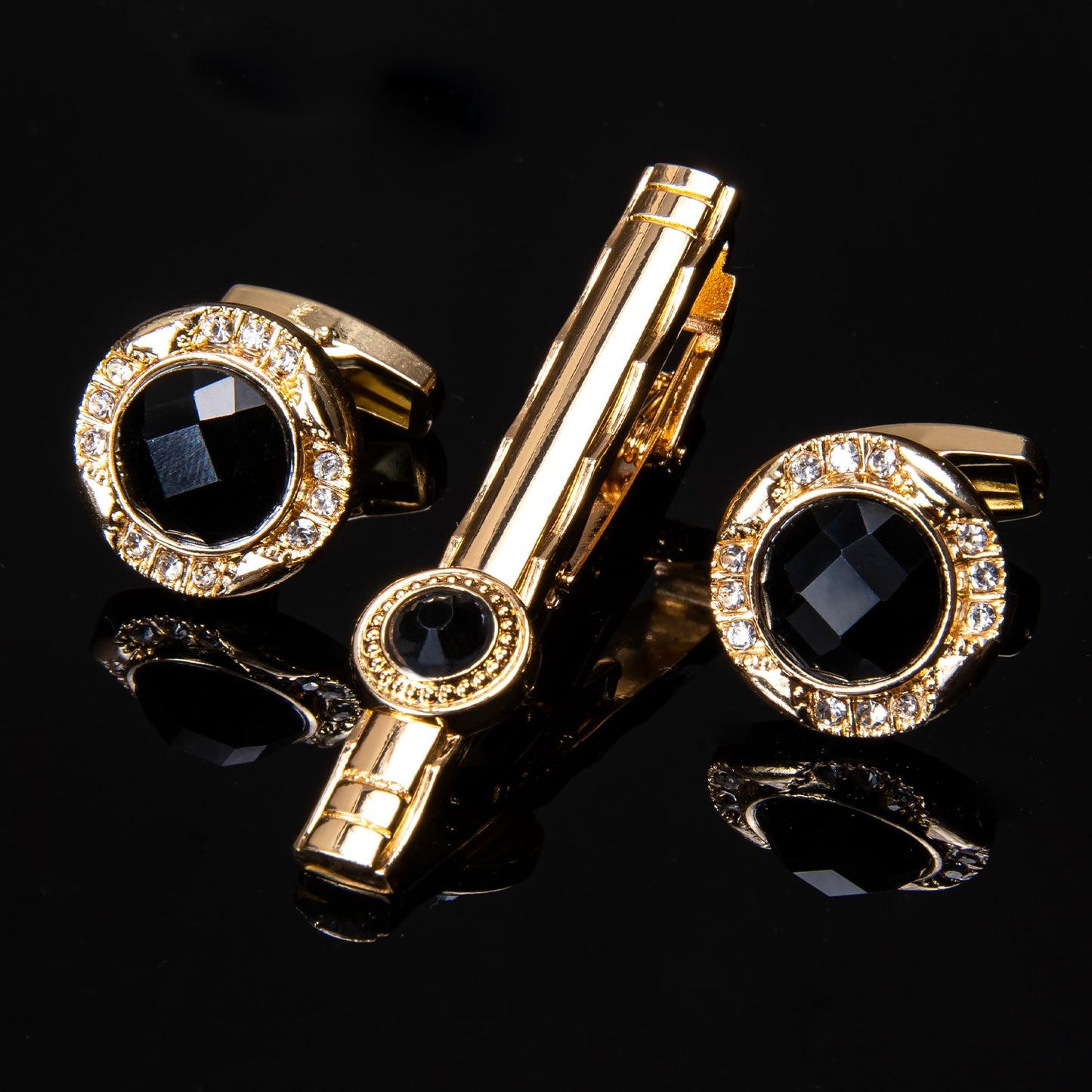 Gold Tie Clip with Black Stone Cufflinks