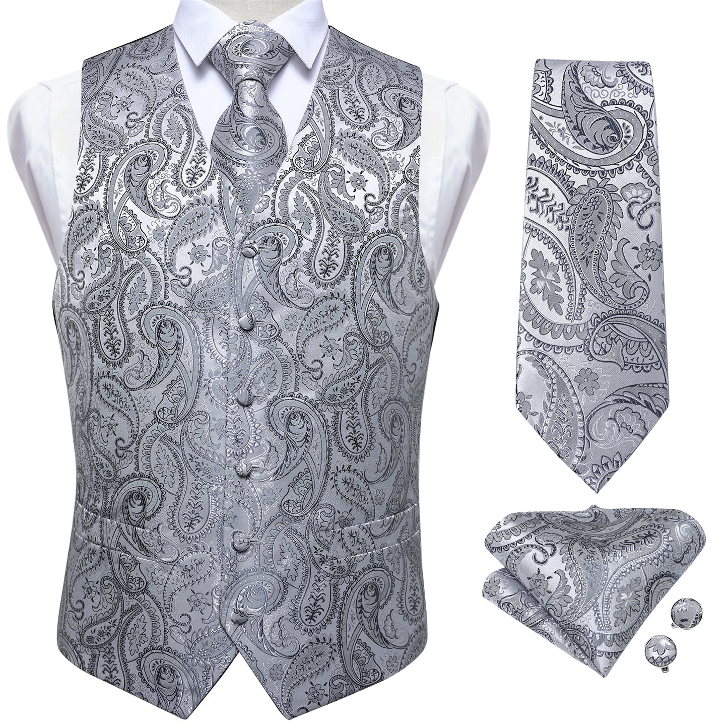 Silver Paisley Vest Set with Tie Ring