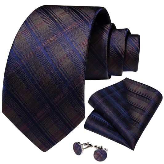 Checkered Blue and Red In Brown Tie Set