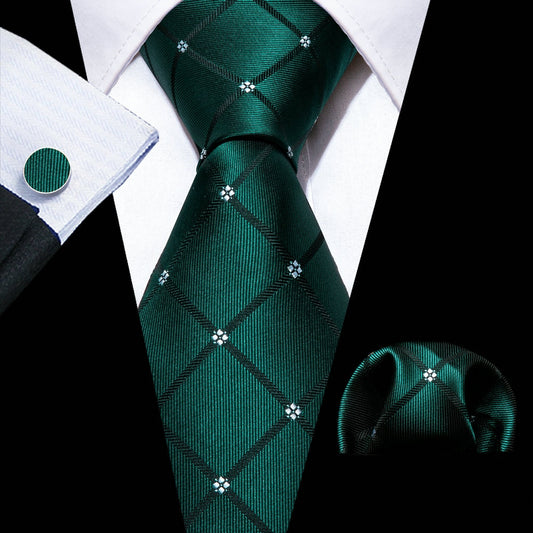 White Diamonds In Green Silk Tie Set