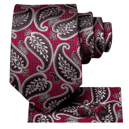 Silver Leaves In Burgundy Tie Set