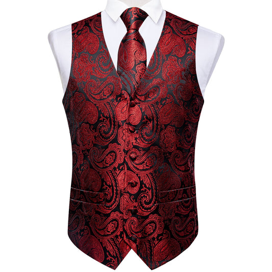 Red Floral In Black Silk Vest Set