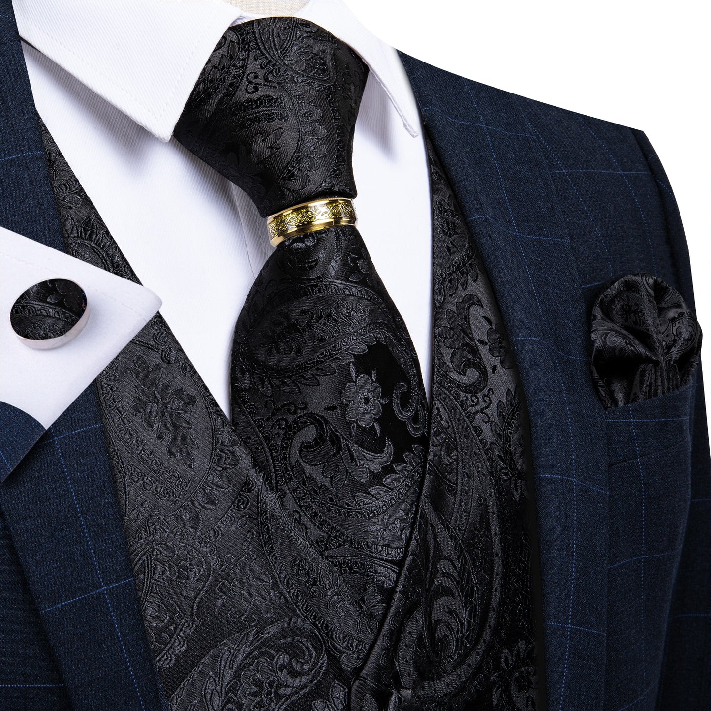 Black Paisley Vest Set with Tie Ring