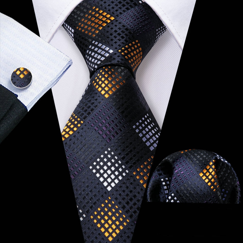 Yellow and Silver In Black Silk Tie Set