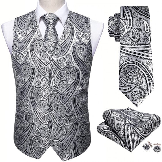 Silver Gray Paisley Vest Set