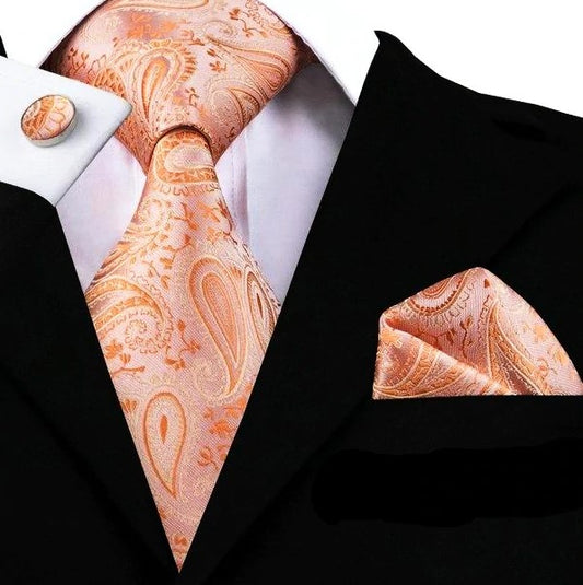 Peach Silk Tie Set with Brooch