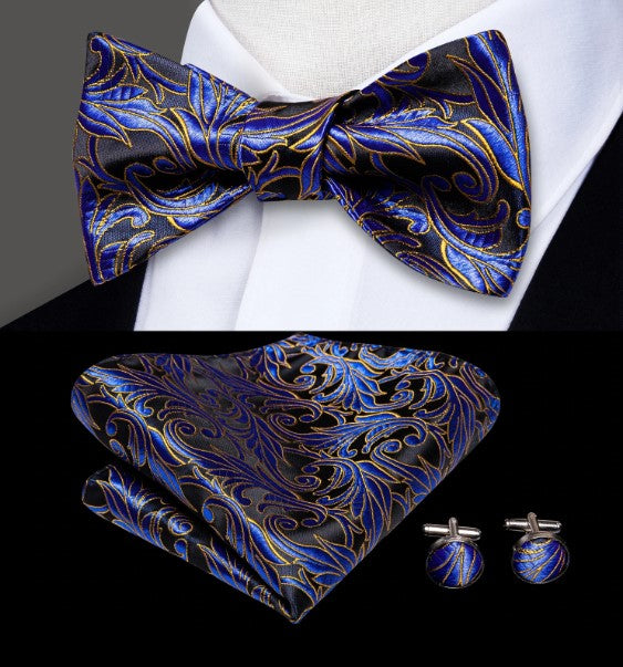 Blue and Gold Floral Bow Tie