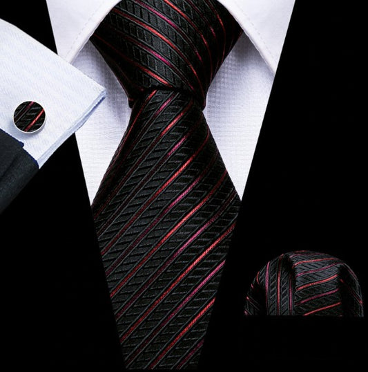 Dark Red Striped Tie Set