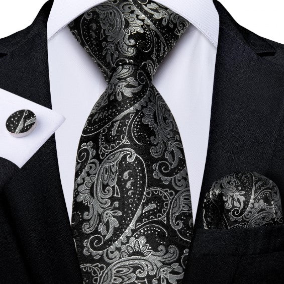 White and Black Floral Tie Set