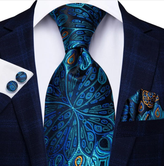 Unique Floral Blue Tie Set