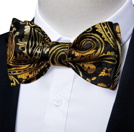 Gold Paisley Bow Tie Set in Black