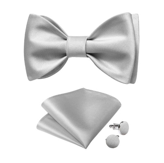 Silver Silk Bow Tie Set