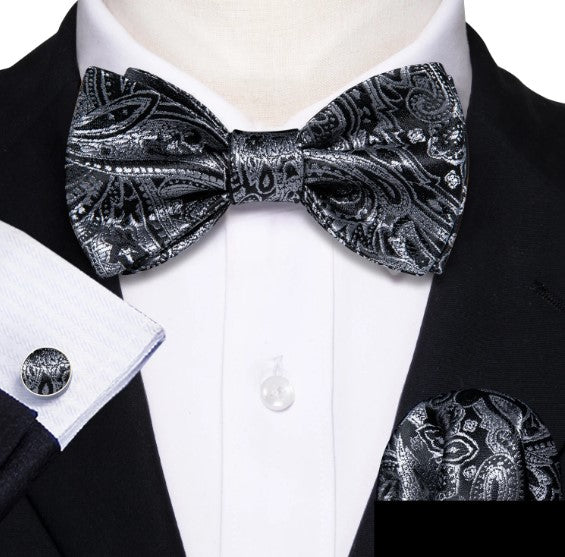 Silver Paisley Bow Tie Set in Black